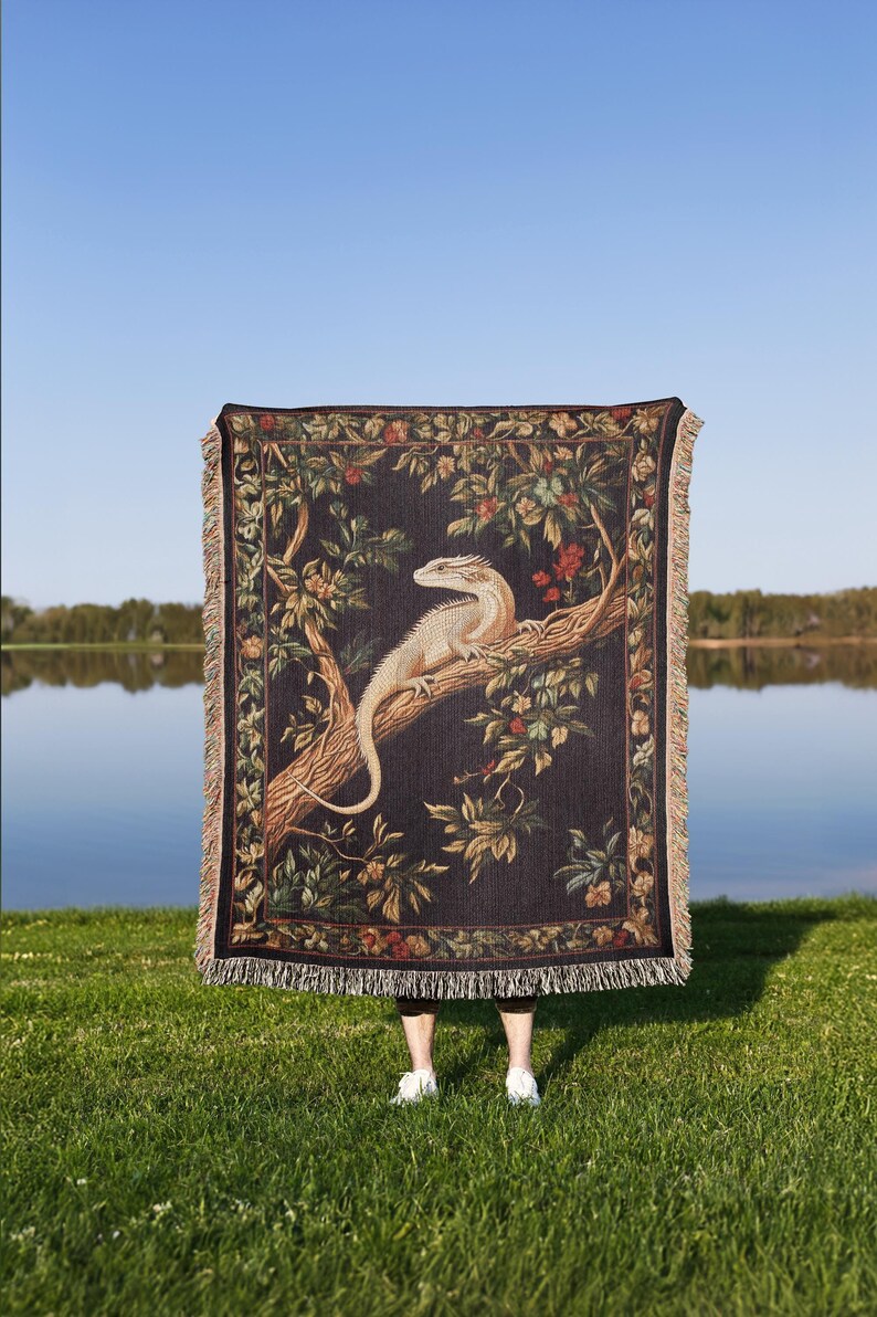 Bearded Dragon Woven Tapestry Blanket A Cottagecore Botanical Floral Design